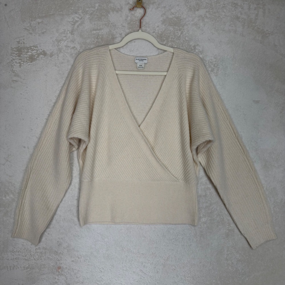 Club Monaco 100% Cashmere Wrap Surplice Ribbed Sweater Cream Ivory Minimalist M